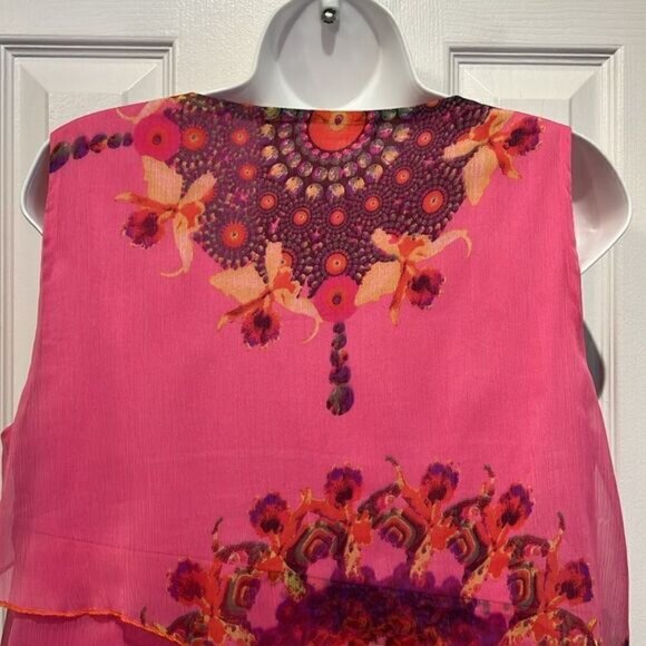 Desigual Pink V Neck Sleeveless Tiered Ruffle Lined Dress Size 44 EU  US Large - Picture 7 of 11